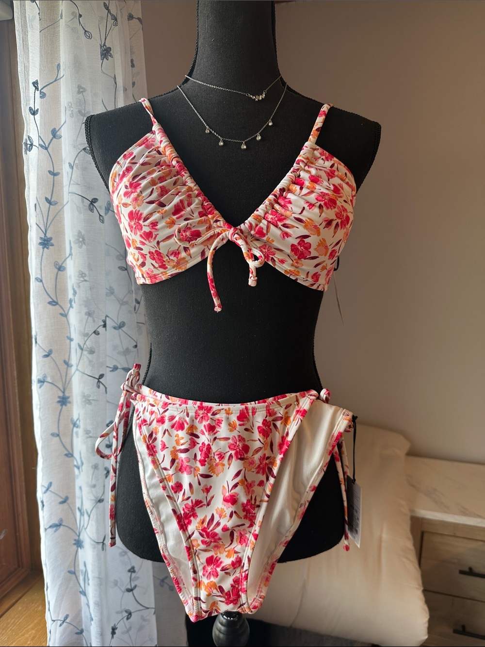 Shade & Shore Pink & White Floral Tie-Front Bikini Top and High-Cut Bottoms